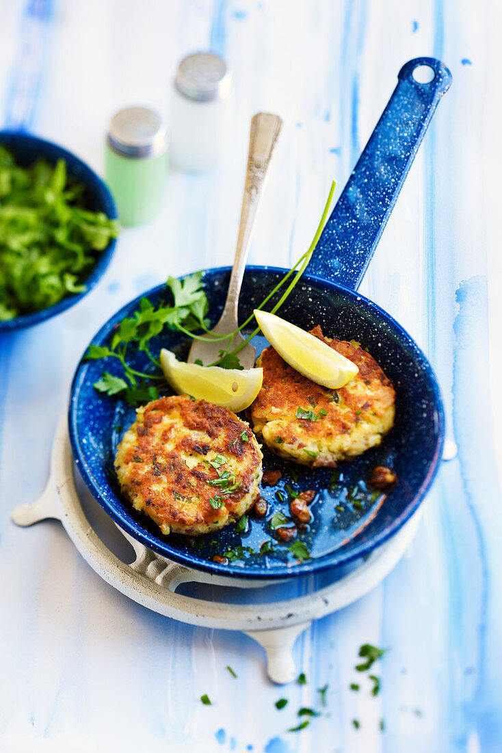 Cauliflower,onion and smoked bacon fish cakes