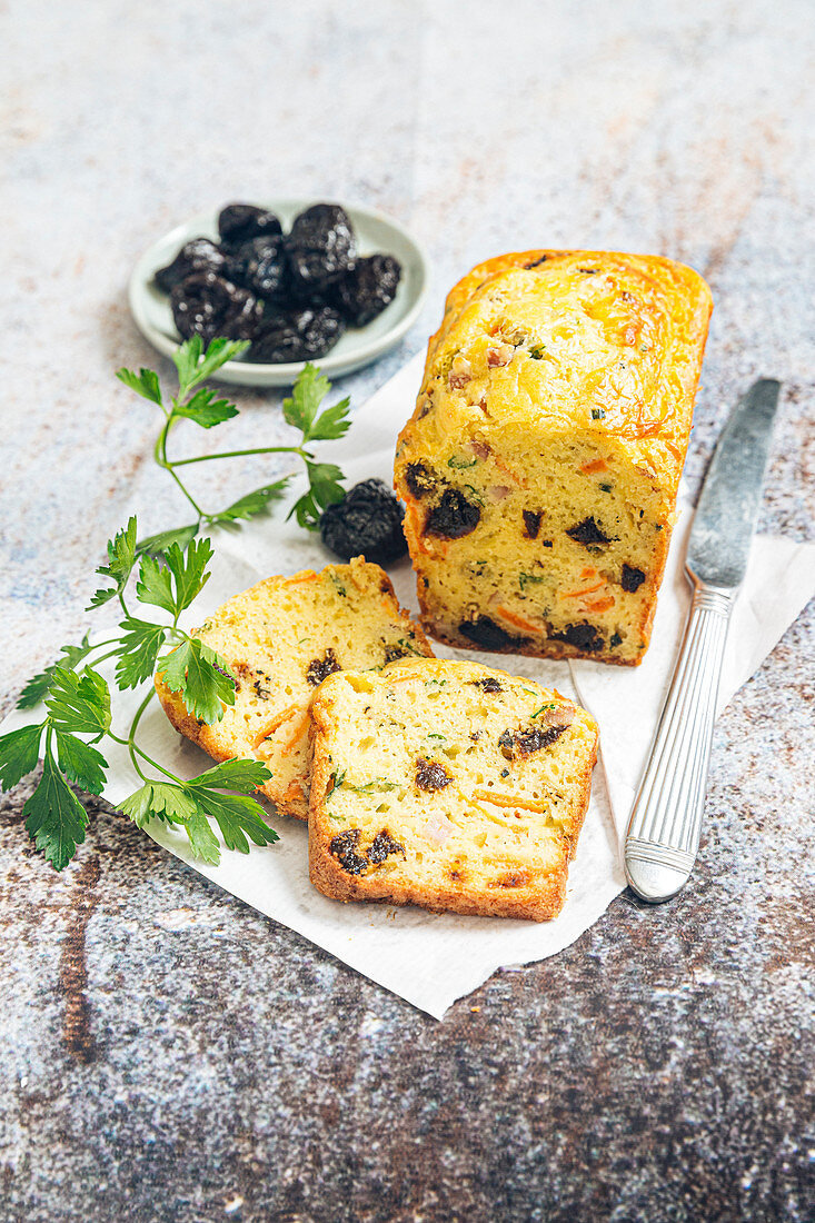 Prune,carrot,Gruyere and parsley loaf cake