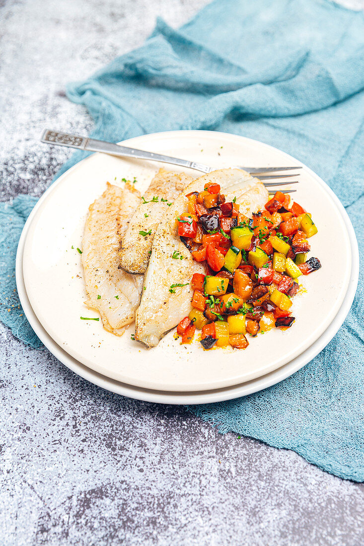 Turbot fillet with grilled vegetables and tarragon