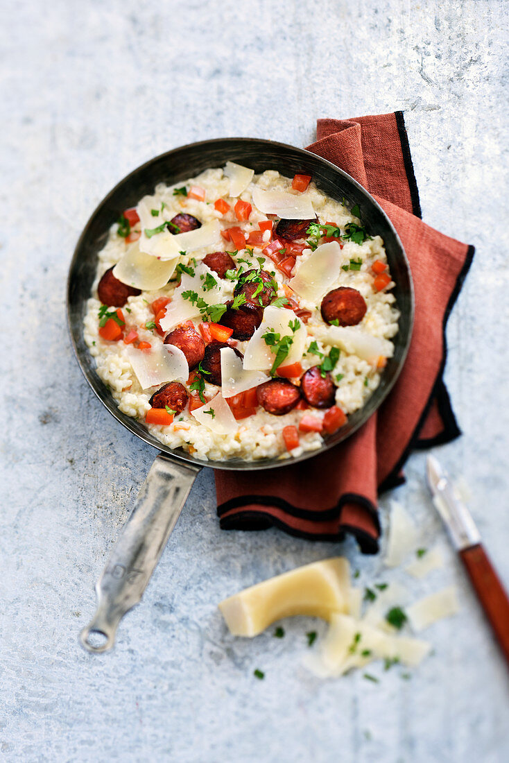 Risotto with grilled chorizo and red peppers