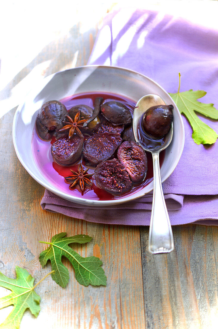 Figs stewed in red wine with star anise and vanilla