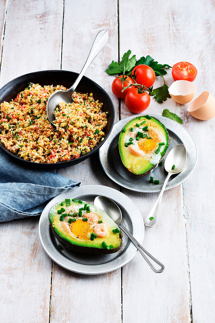 Shirred eggs in avocado casings and tabbouleh