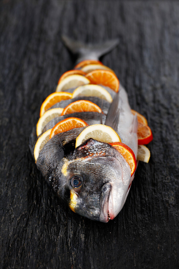 Royal sea bream with citrus fruit before cooking