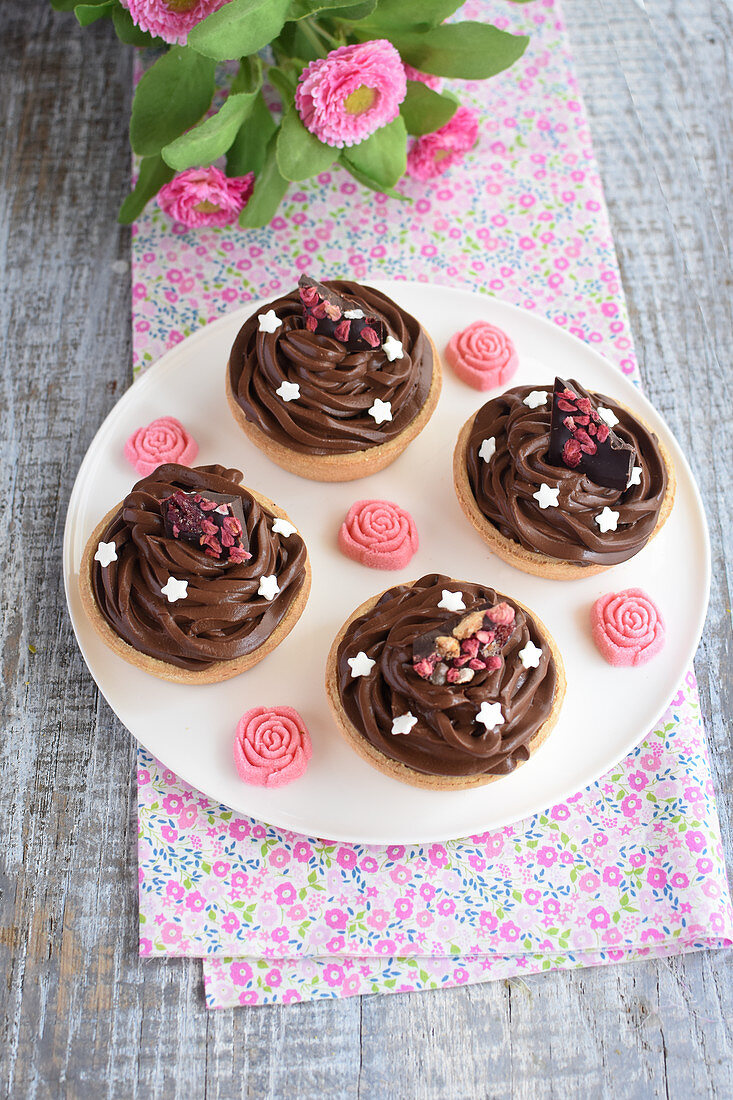 Chocolate ganache and cranberry tartlets