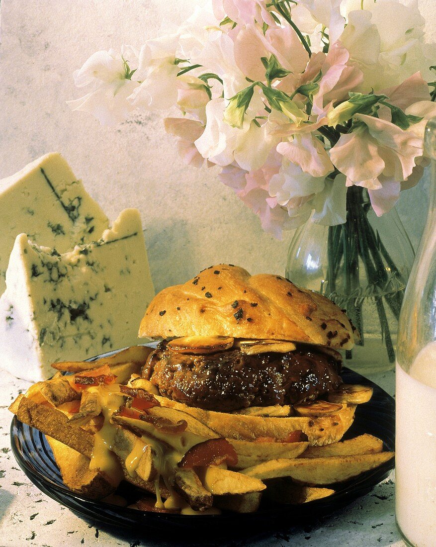 Burger with Blue Cheese and Steak Fries