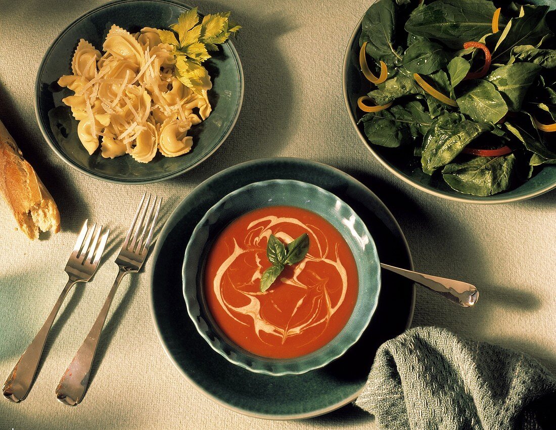 Tortellini; Tomato Soup and Arugula Salad