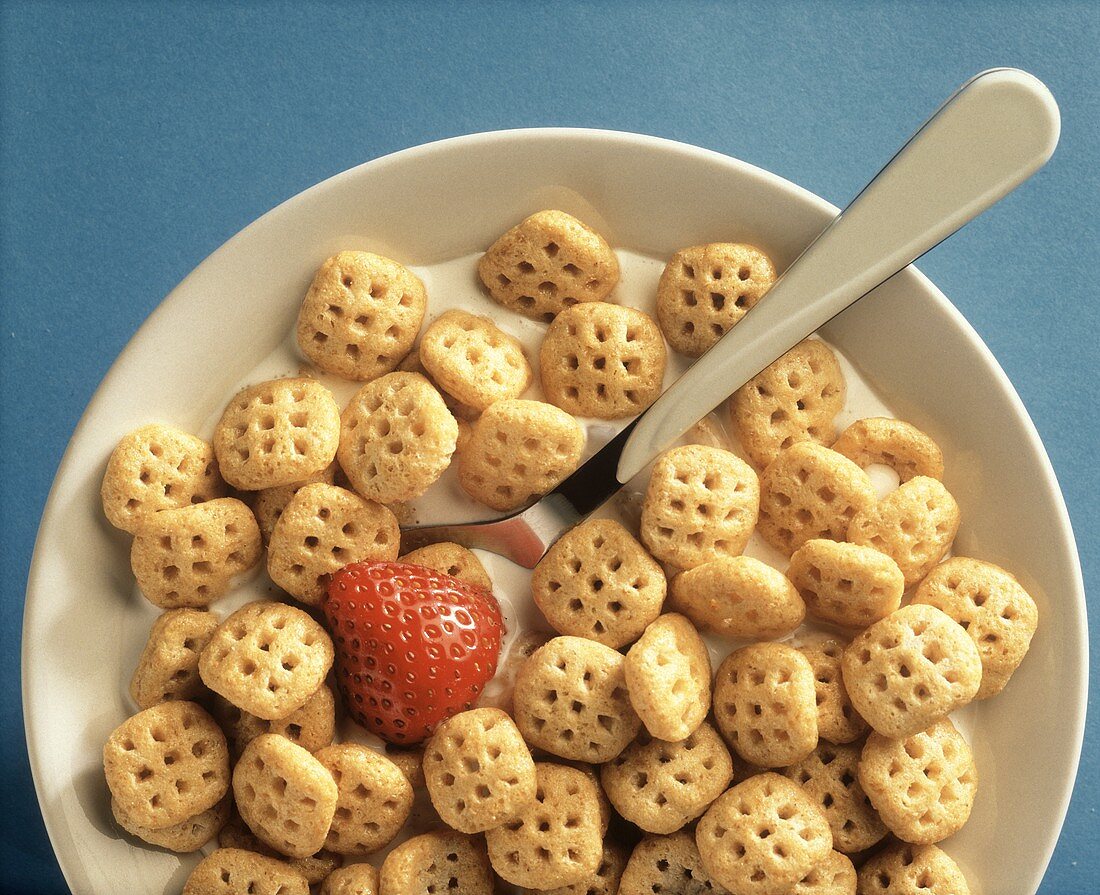 A Bowl of Cereal with a Strawberry and a Spoon