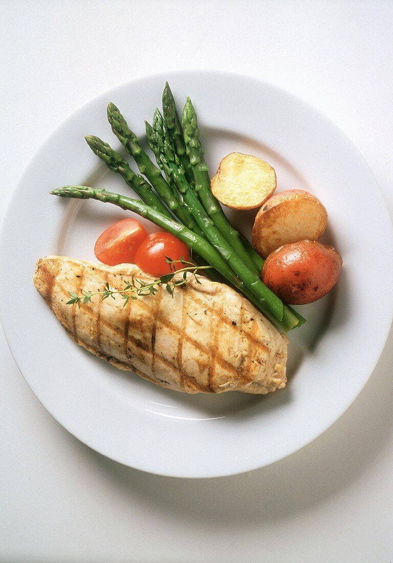 Grilled Chicken Breast with Asparagus; New Potatoes