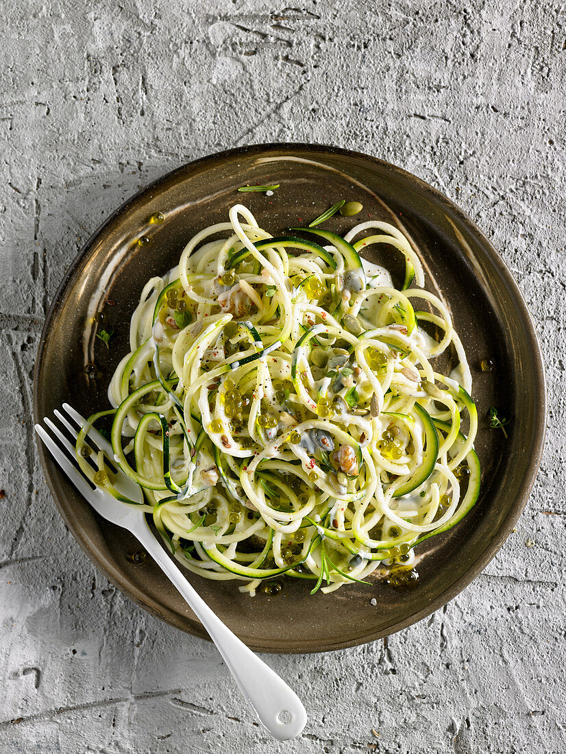 Noodles with courgette ribbons,cream and fish roe