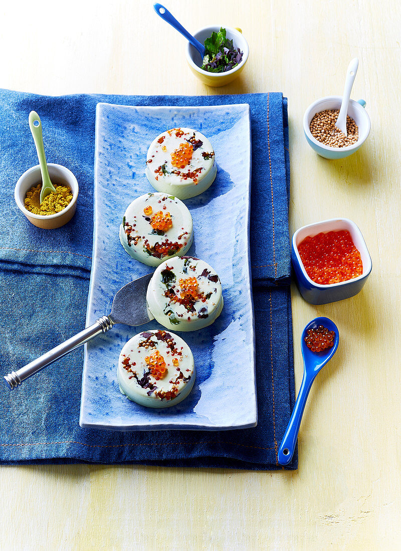 Coconut flans with trout roe