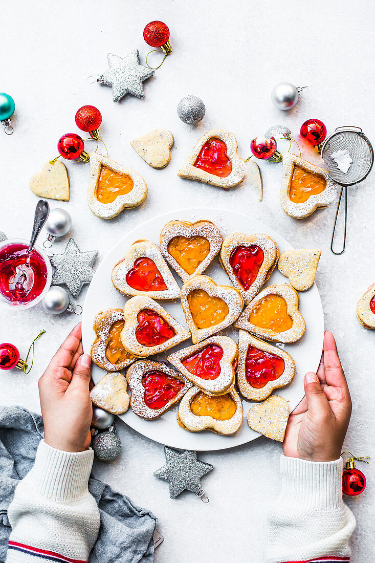 Heart-shaped Christmas jam biscuits