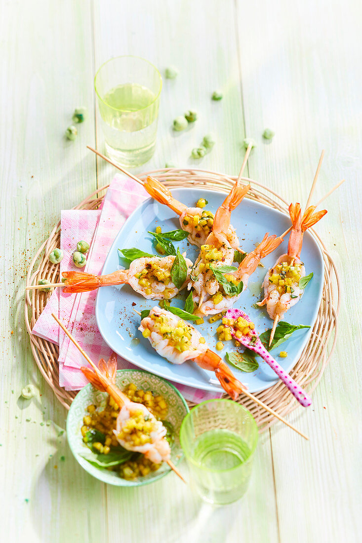 Butterfly shrimp appetizers with mango and basil salsa