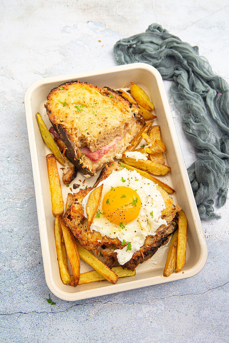 Rustic croque-monsieur and oven fries