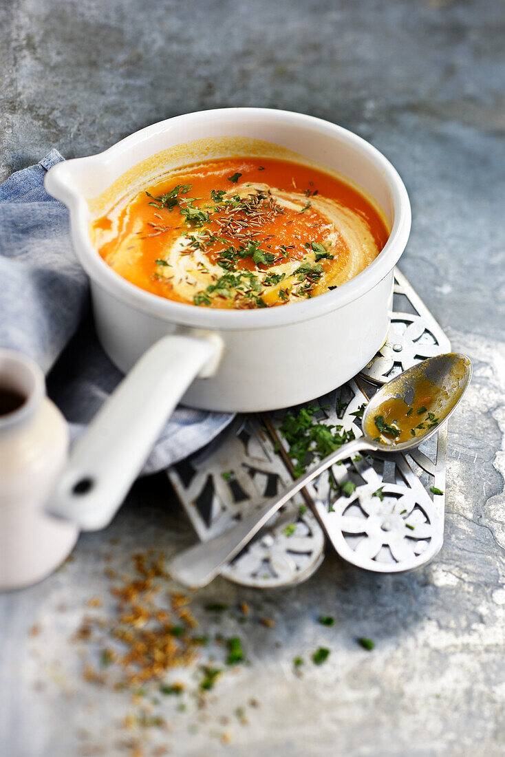 Cream of carrot soup with coconut milk and cumin