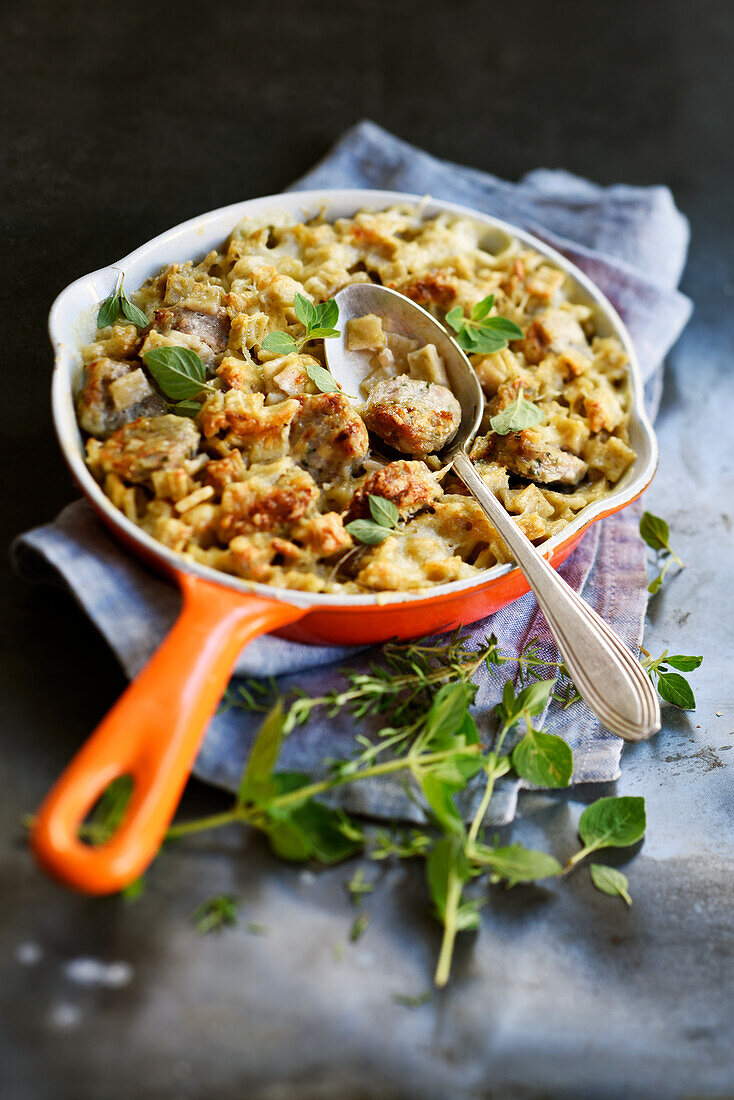 Gratin with crozets, herb sausage and Beaufort cheese