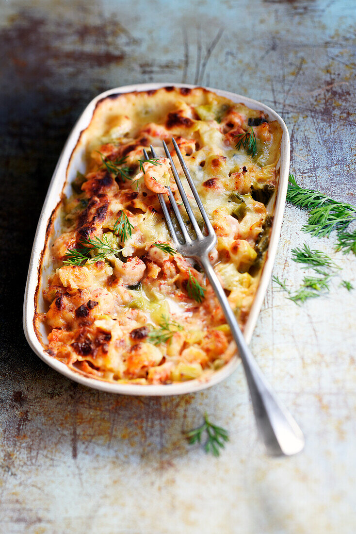 Crayfish gratin with leeks