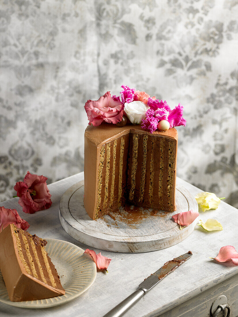 Coffee layer cake with chocolate and hazelnuts