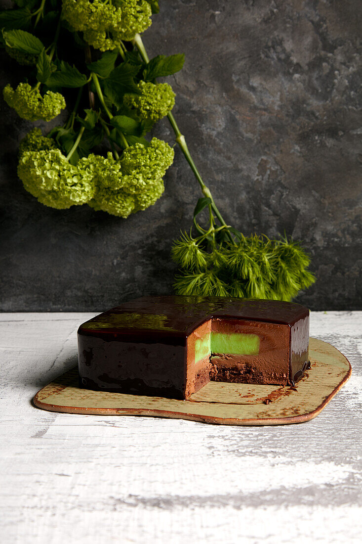 Rectangular chocolate and mint cake