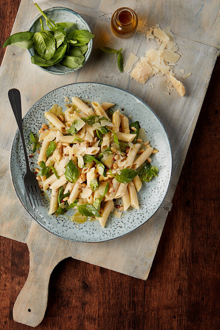 Penne with Basil, Pine Nuts and Parmesan