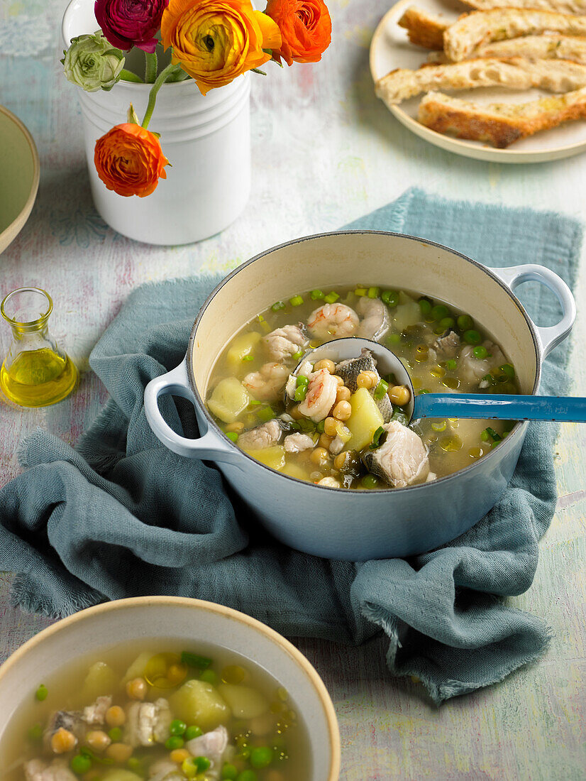 Monkfish broth with prawns and chickpeas