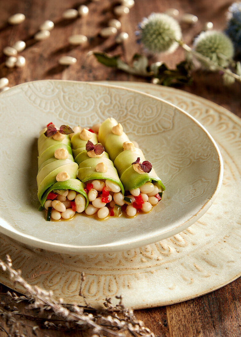 Avocado cannelloni with white beans and rosemary mayonnaise