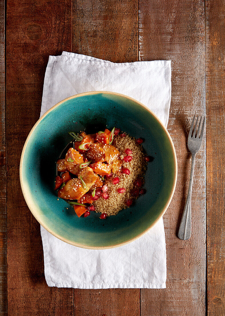 Couscous with chicken, pumpkin and pomegranate seeds
