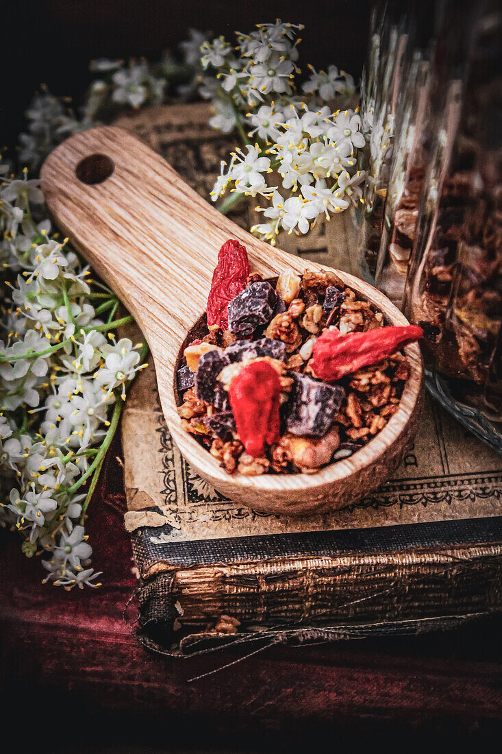 Wooden spoon with granola muesli