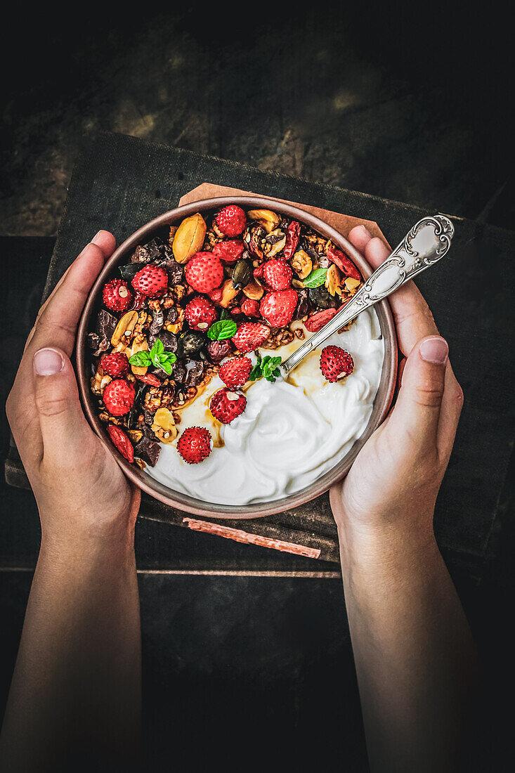 Hands holding a bowl of muesli