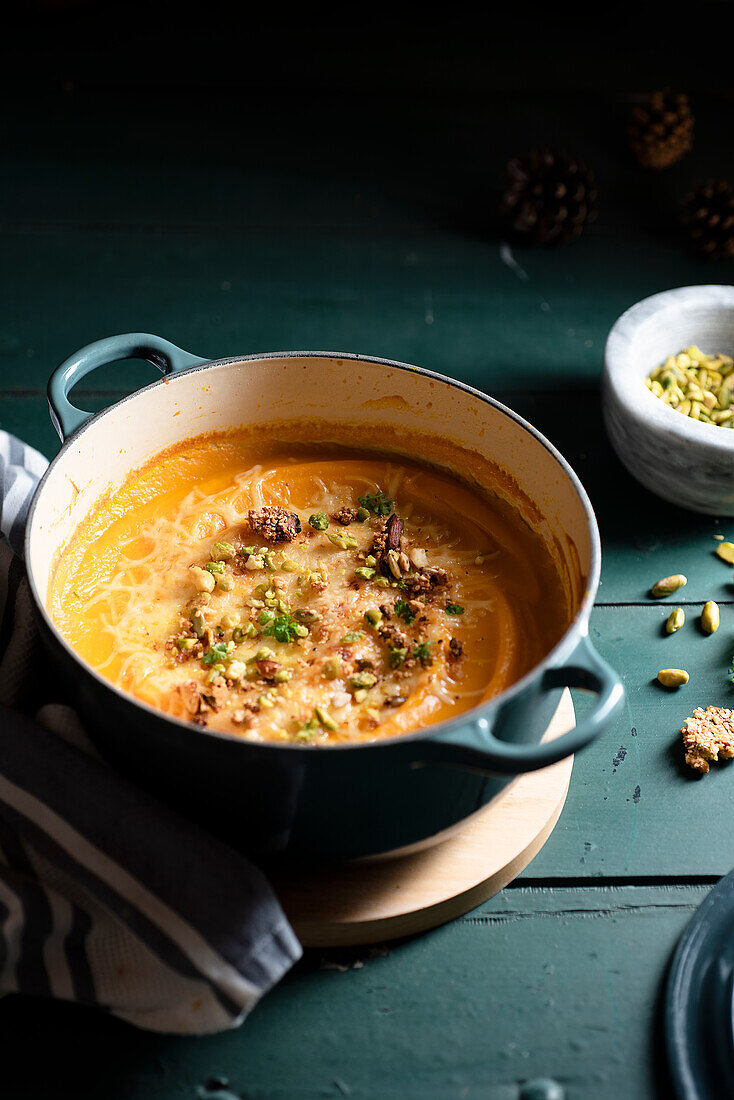 Pumpkin soup with processed cheese and pistachios