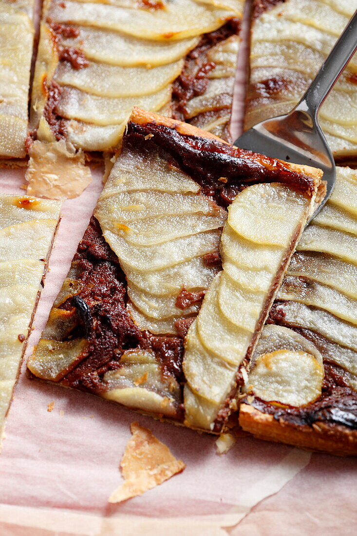 Chocolate pear tray tart