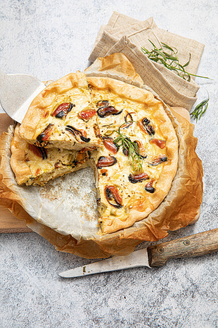 Quiche with mussels, celeriac, leek and tarragon