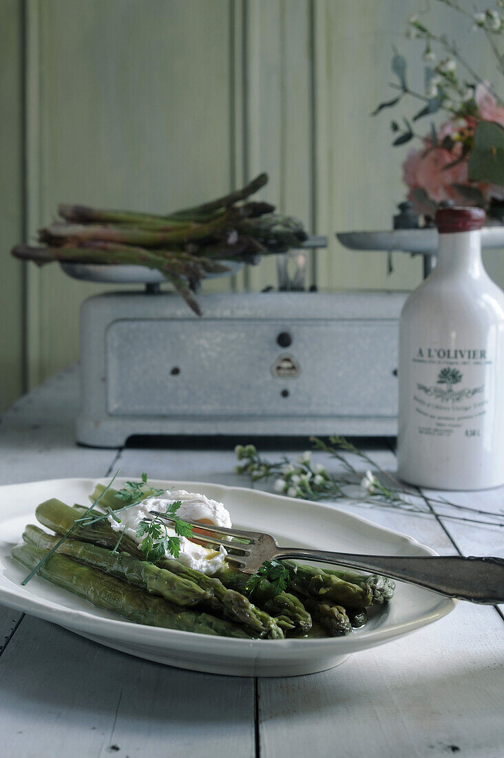 Green Asparagus in Vinaigrette with Poached Egg for Easter