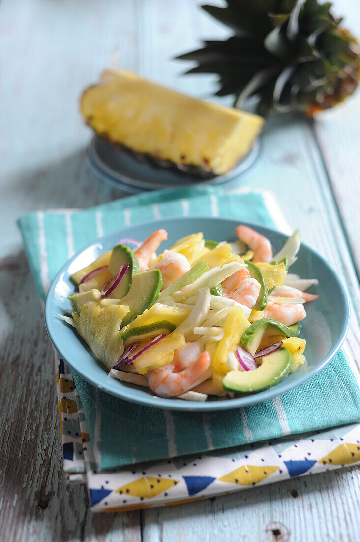 Exotic Avocado Salad with Pineapple, Fennel and Shrimp