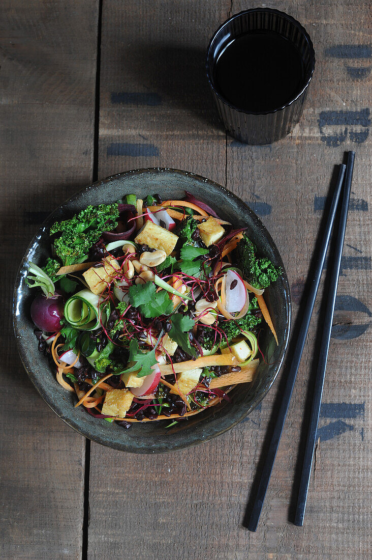 Japanese black rice bowl with vegetables
