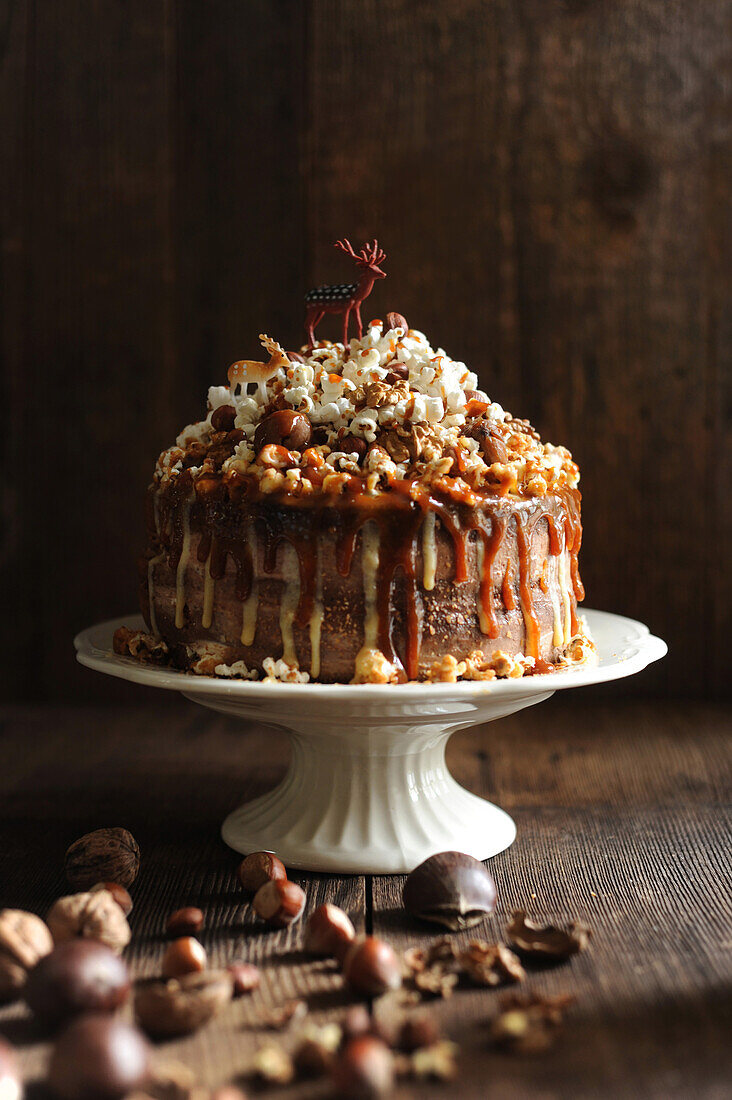 Chocolate cake with nuts, dried fruit, and popcorn