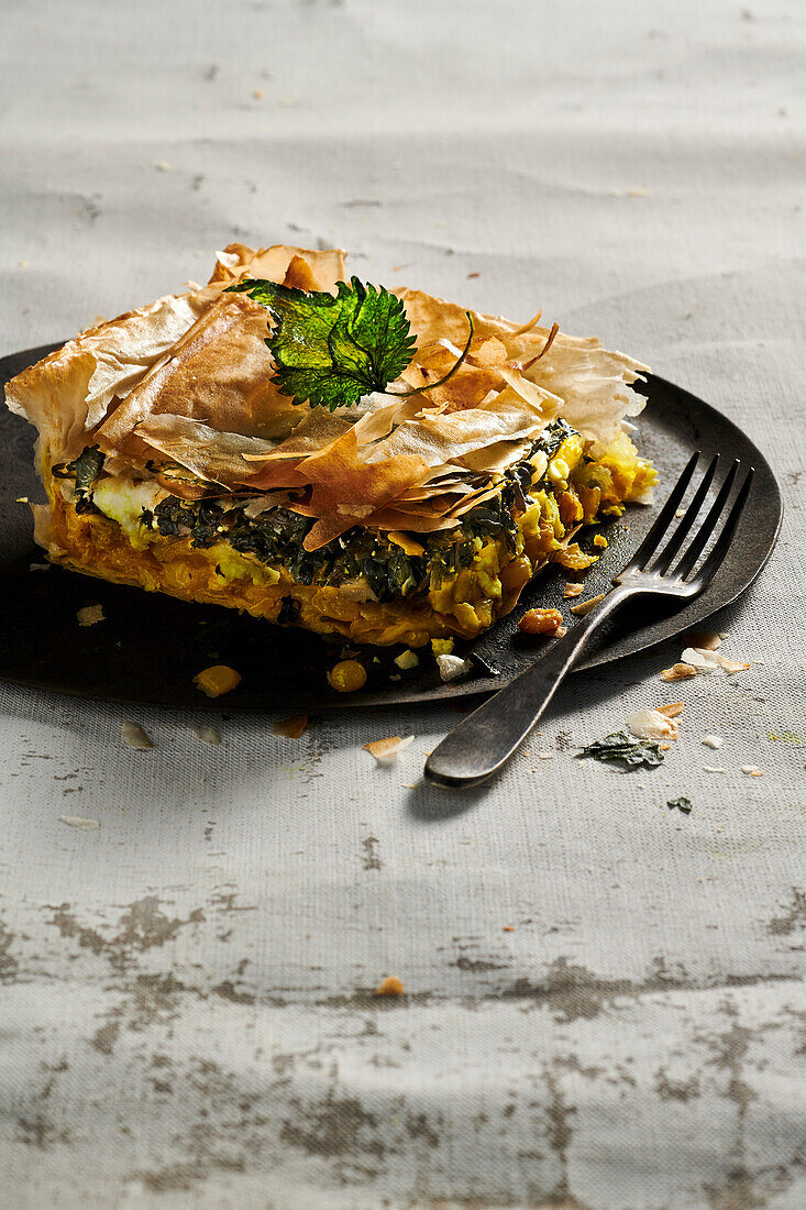 Filo pastry pie made with nettle leaves