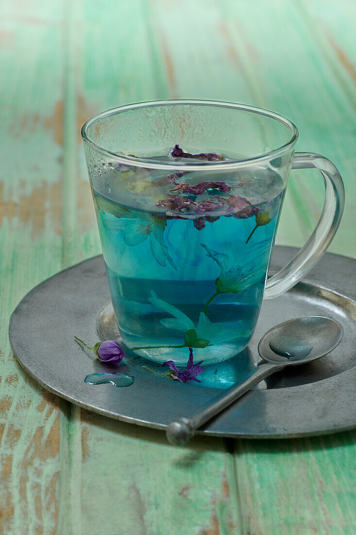 Blue herbal tea made from mallow blossoms