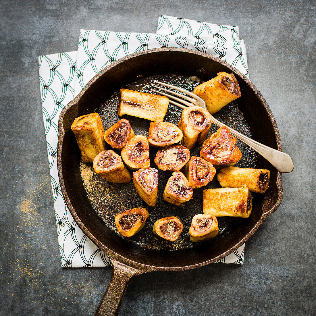 Cast iron skillet French toast with banana and chocolate