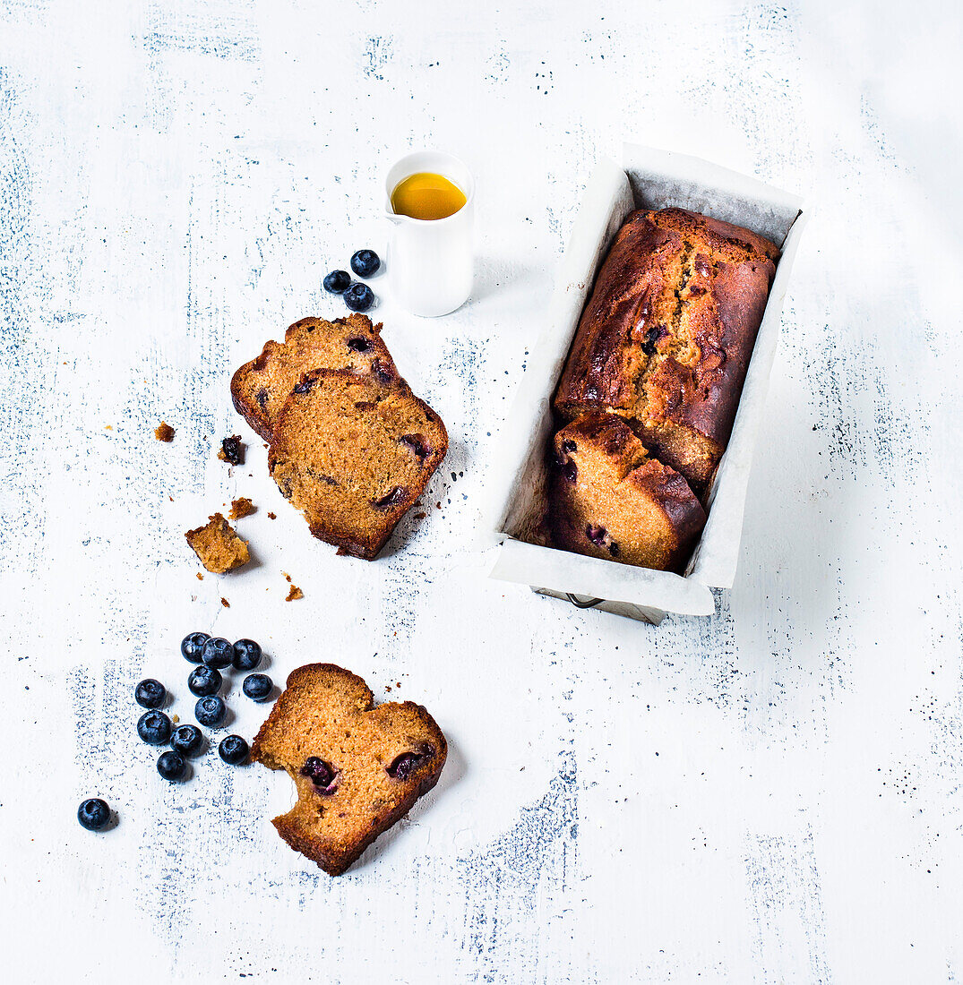 Loaf cake with blueberries and honey