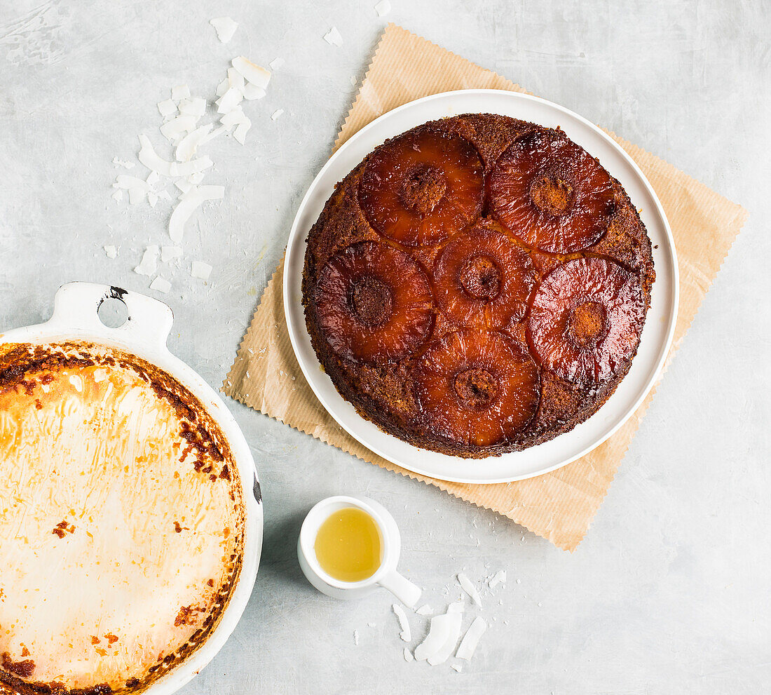 Pineapple and coconut cake on a platter