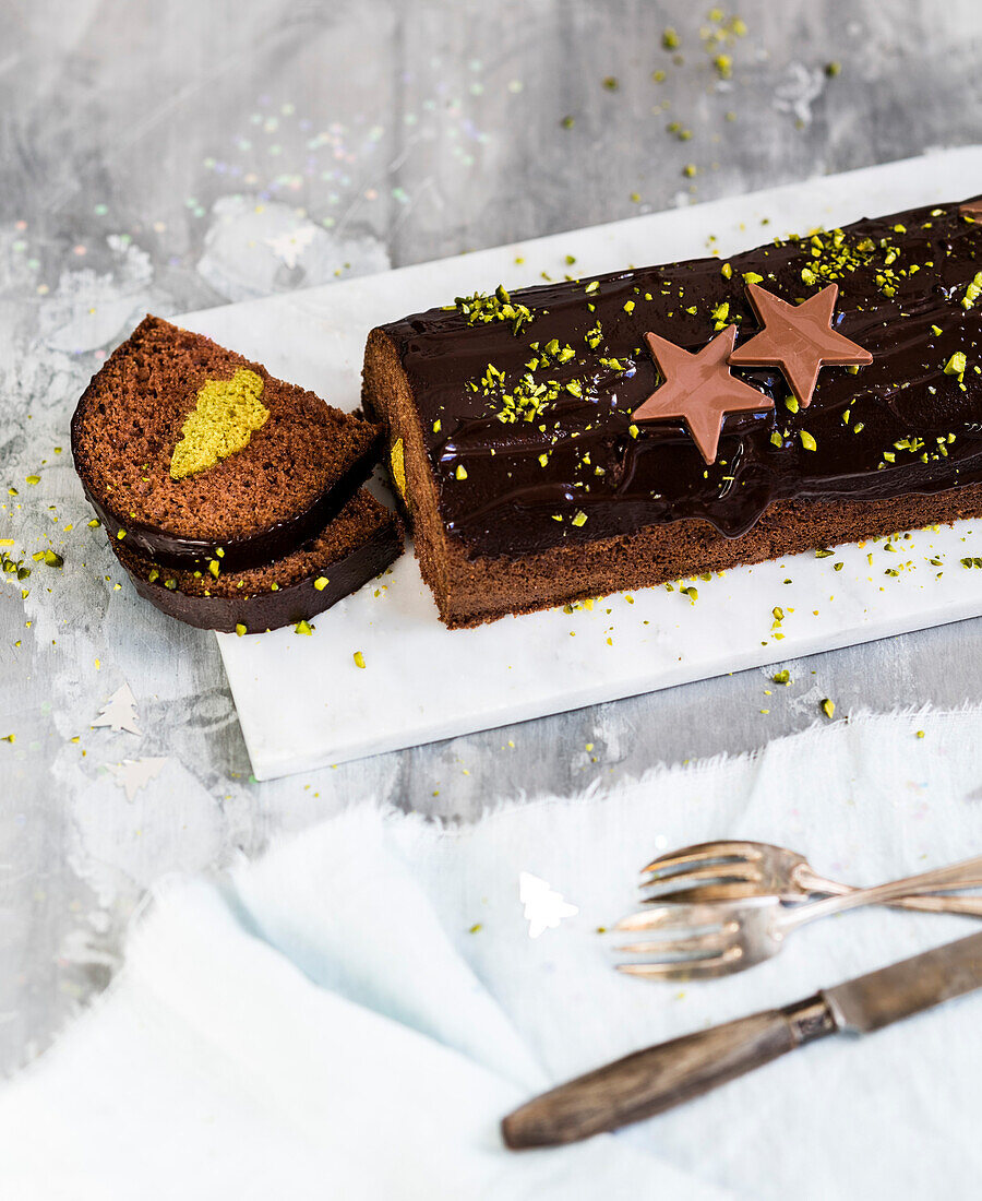 Buche au Chocolat with Pistachios (yule log cake for Christmas)
