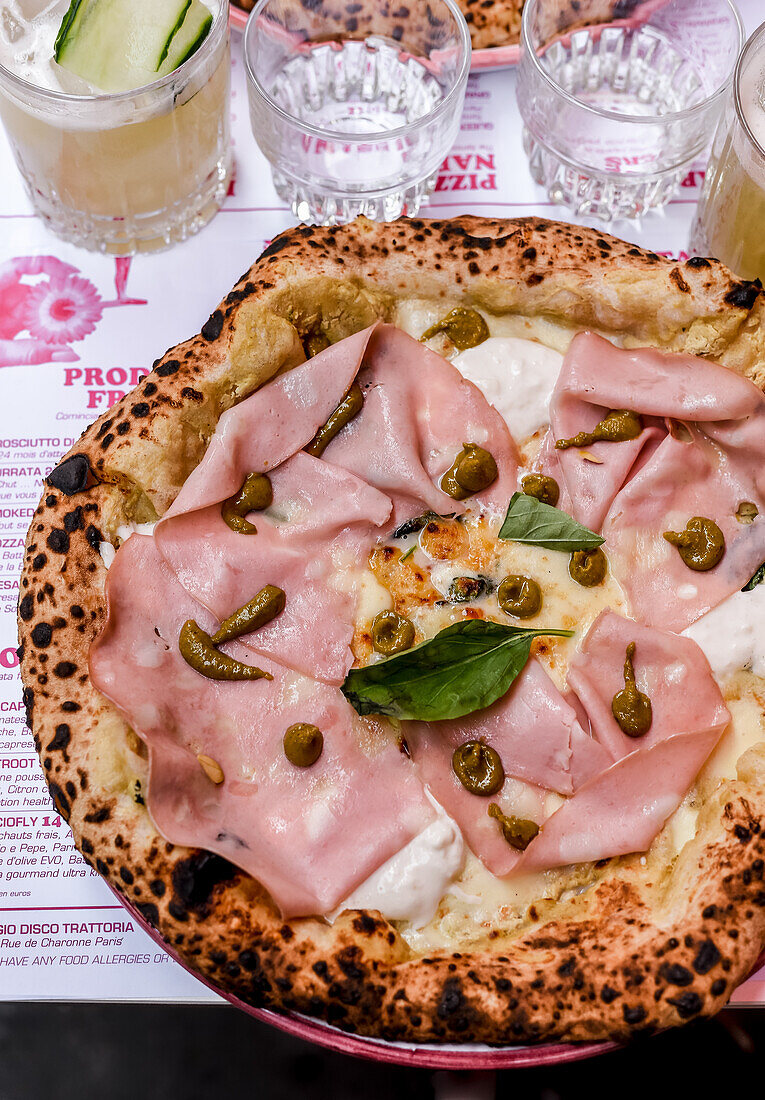 Pizza with white Mortadella, Mascarpone and pesto sauce
