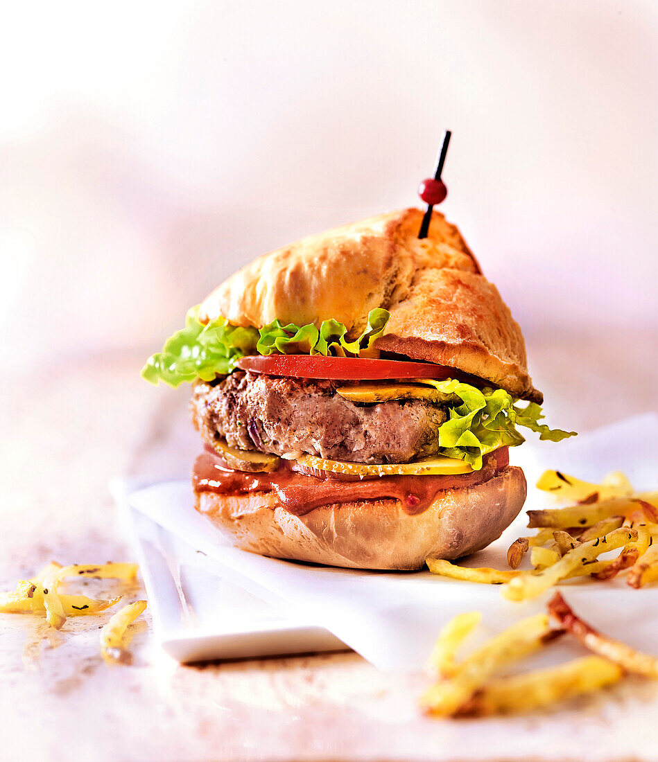 Hamburger with homemade potato sticks