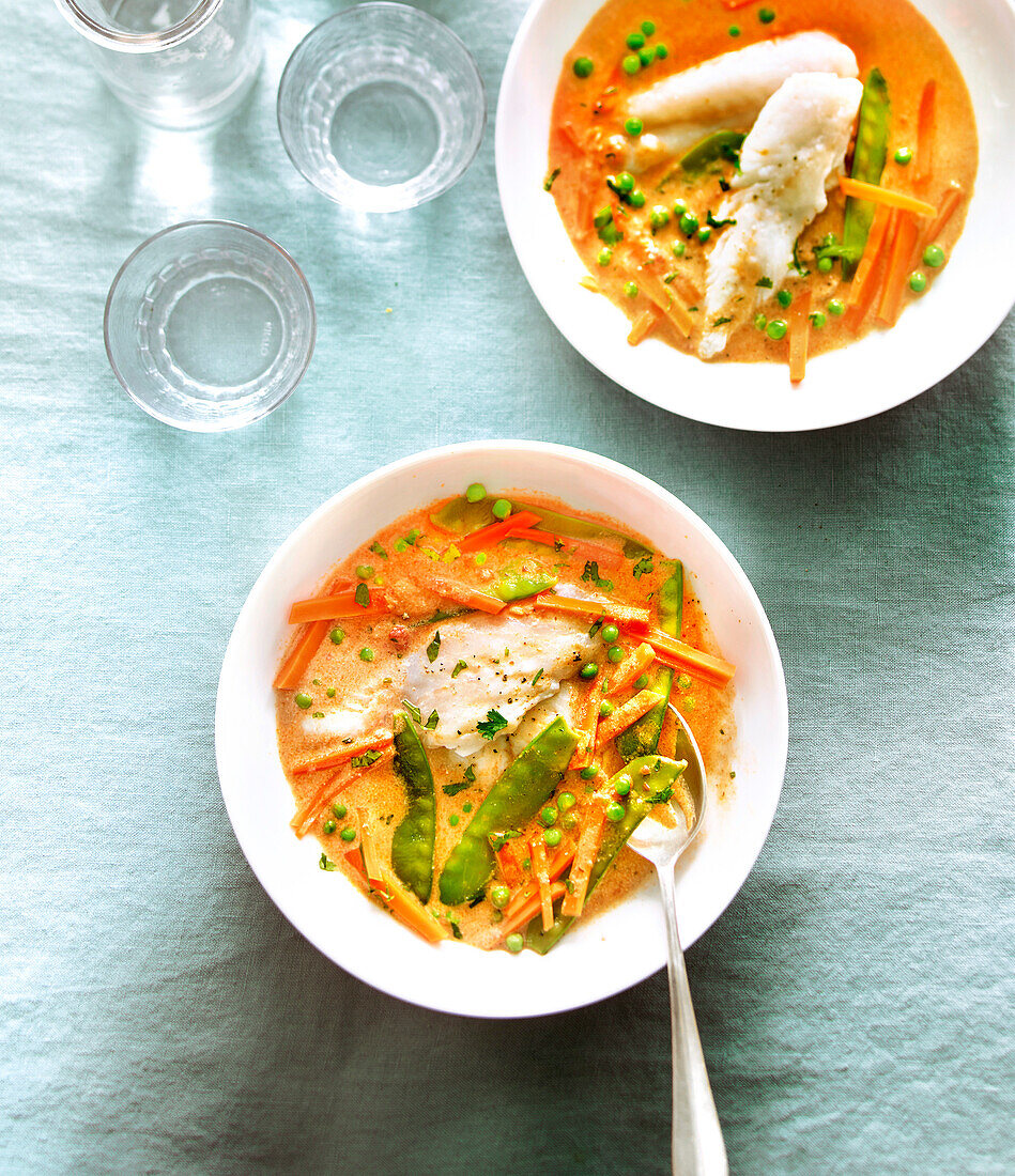 Thai fish curry with coconut milk and vegetables