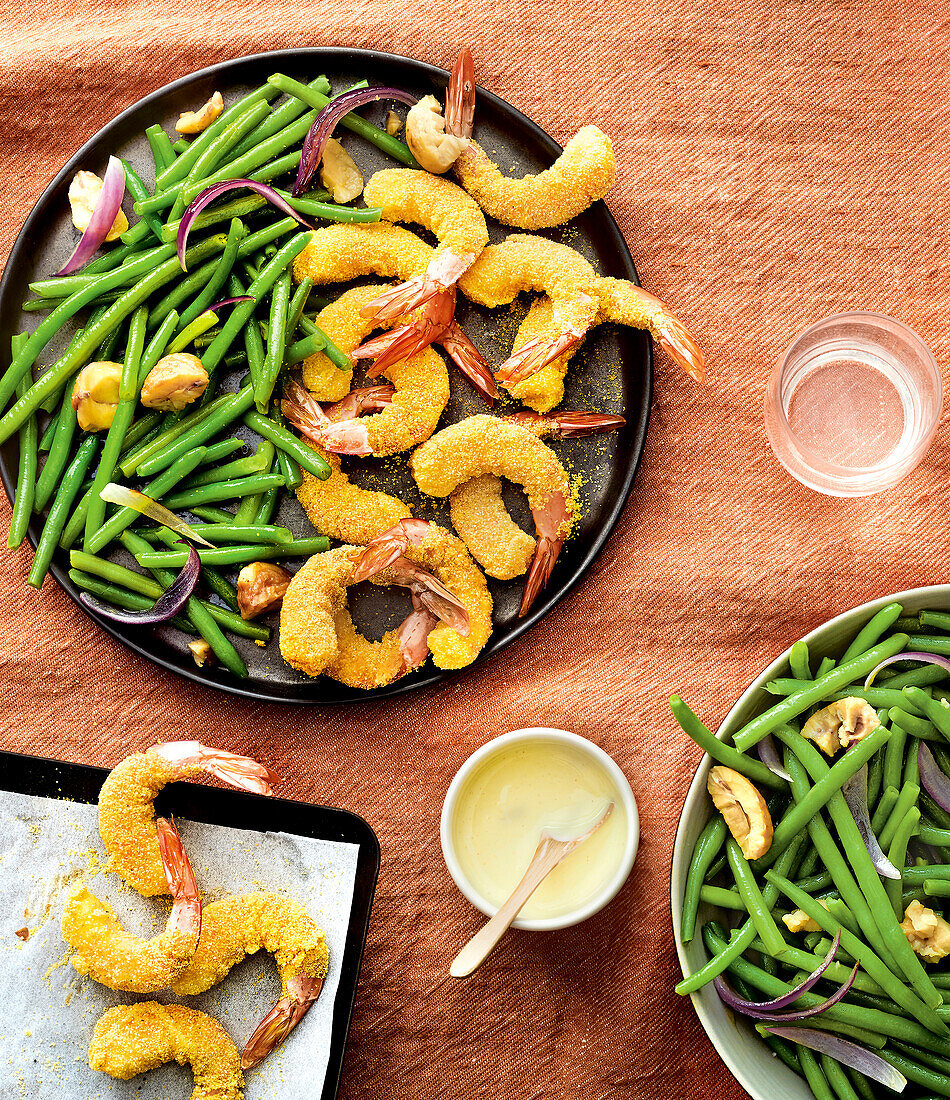 Crispy breaded pan fried prawns with green beans