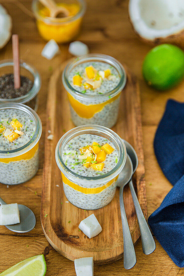 Chia pudding with mango and coconut