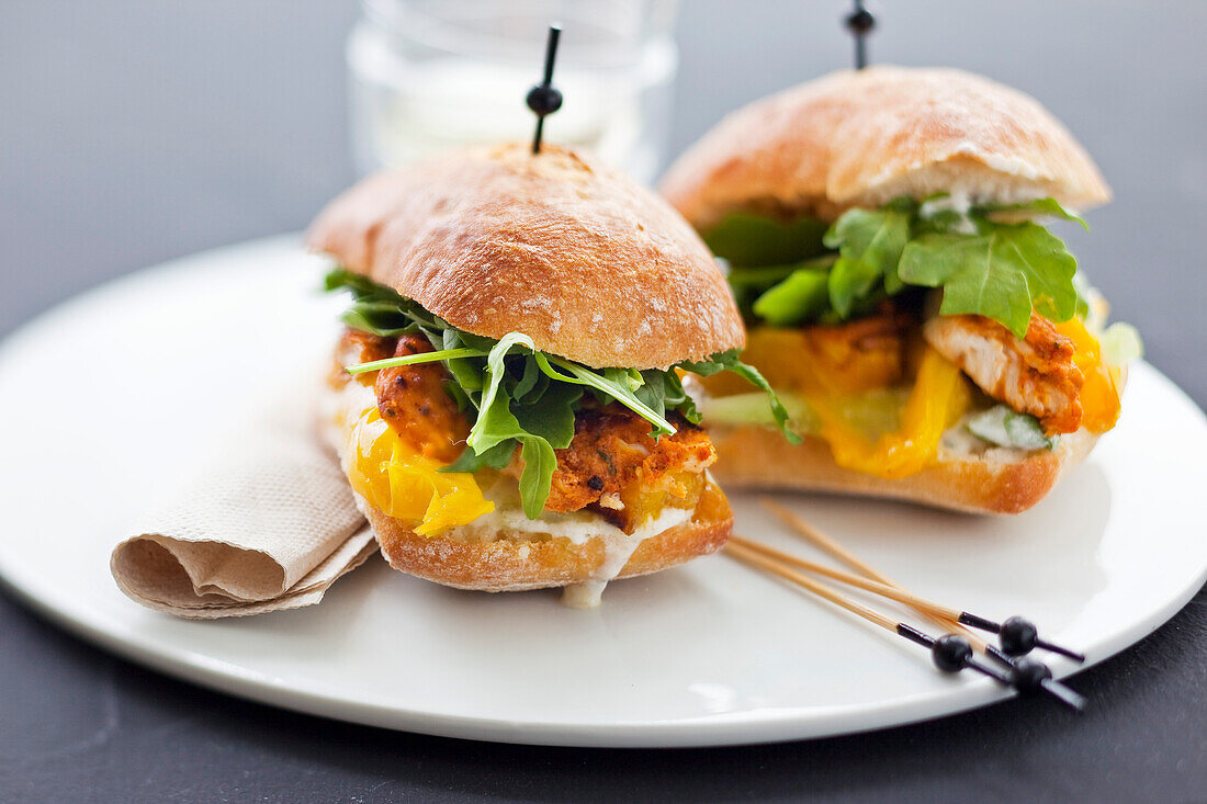 Burger-style sandwiches with tandoori chicken and peppers