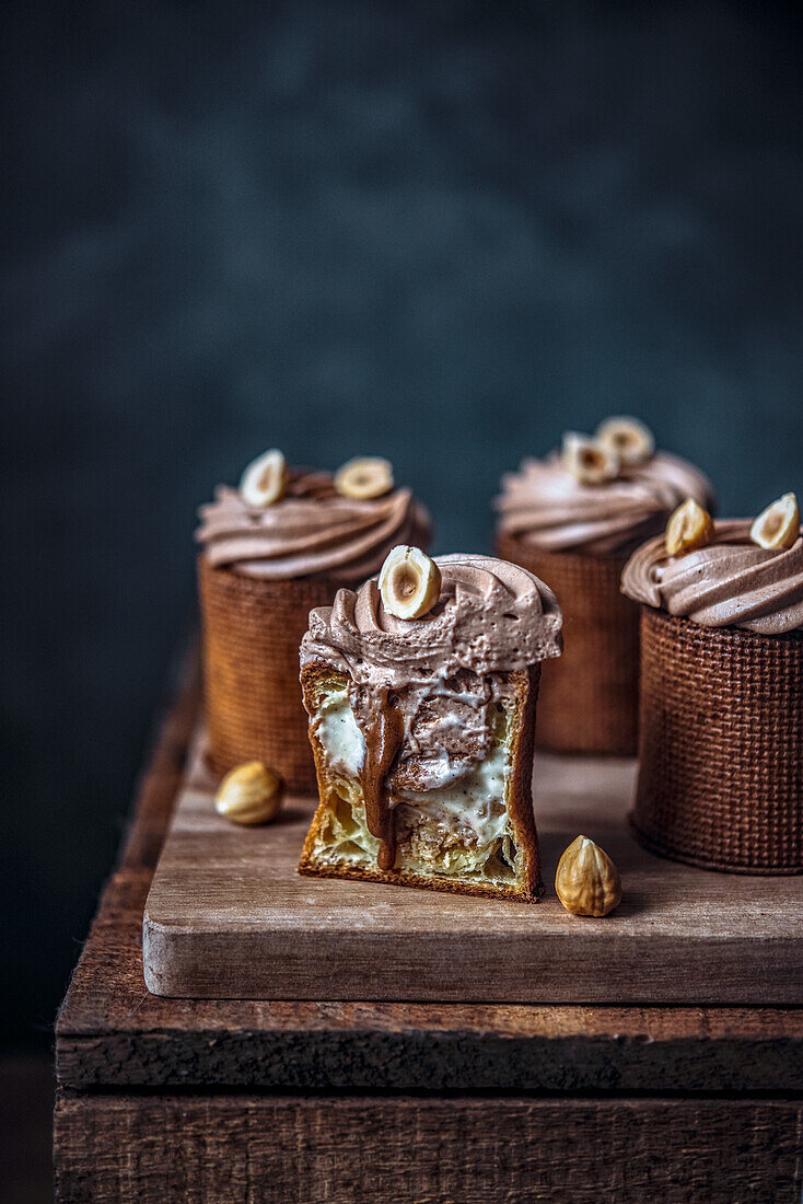 Cylindrical cream puffs filled with hazelnut cream