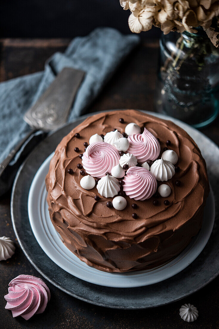 Chocolate cake decorated with meringue