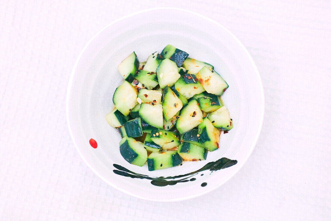 Cucumber kimchi with two kinds of sesame seeds